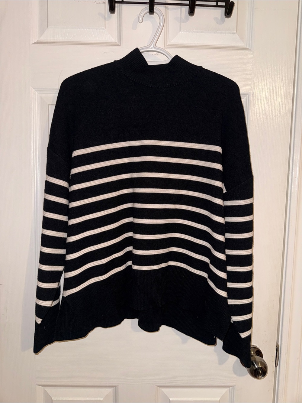 Black and White Striped Turtleneck Sweater